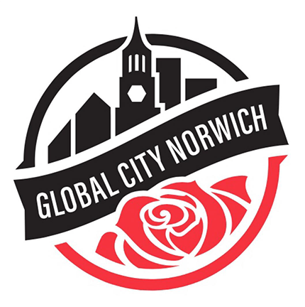 A round graphic logo with a black city skyline, red rose, and text reading "GLOBAL CITY NORWICH"