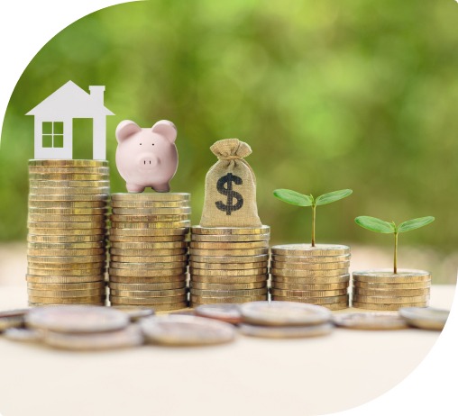 a close up of 5 piles of gold coins with a white house, a piggy bank, a bag of money, and plants on each pile